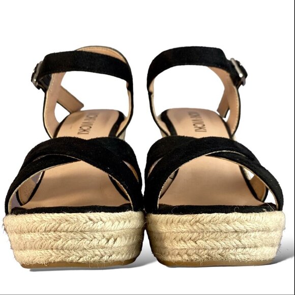 Vicki-Vicki Wedge Heel Sandals Womens 8 Black Suede Jute Ankle Strappy Platform - Picture 4 of 8